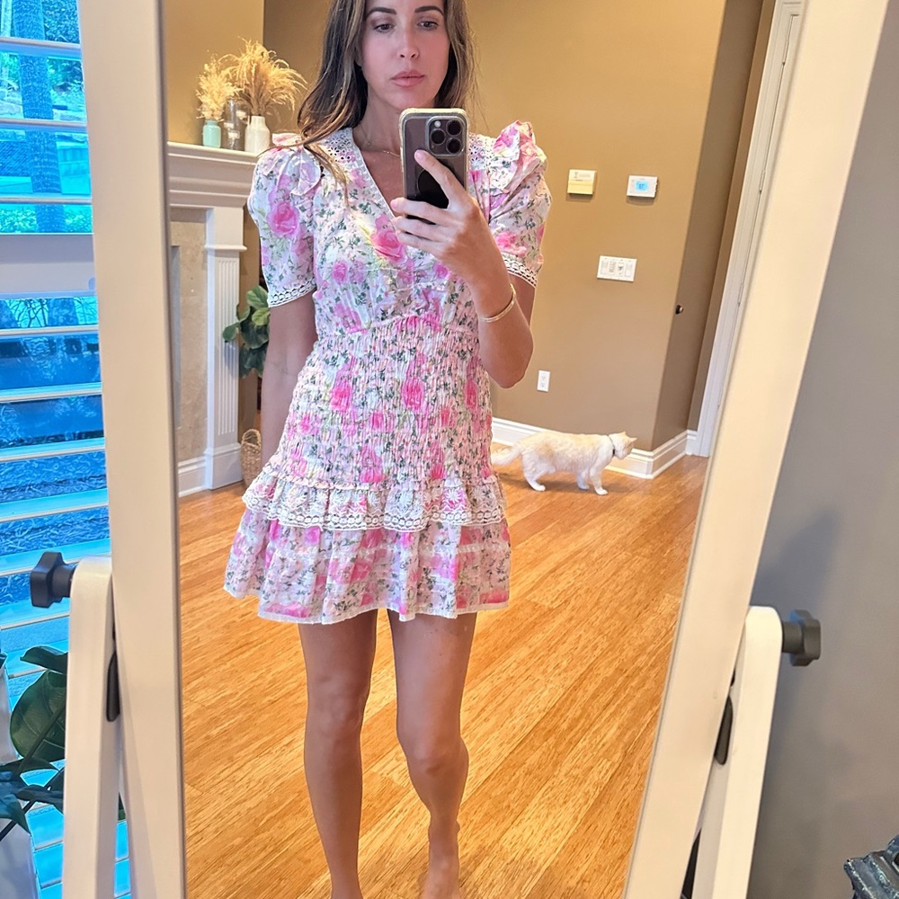 Loveshackfancy Pink Floral Puff Sleeve Mini Dress Size Small